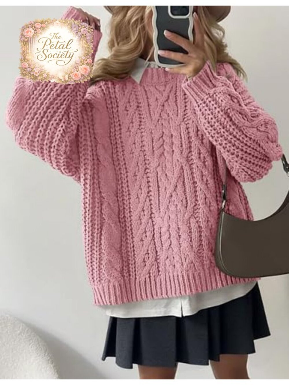Oversized Chunky Cable Knit Sweater Crew Neck Pullover Top - Picture 2 of 6
